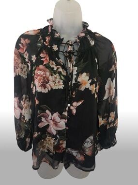 Joie Black Floral Tie-Front Sheer Blouse Size S